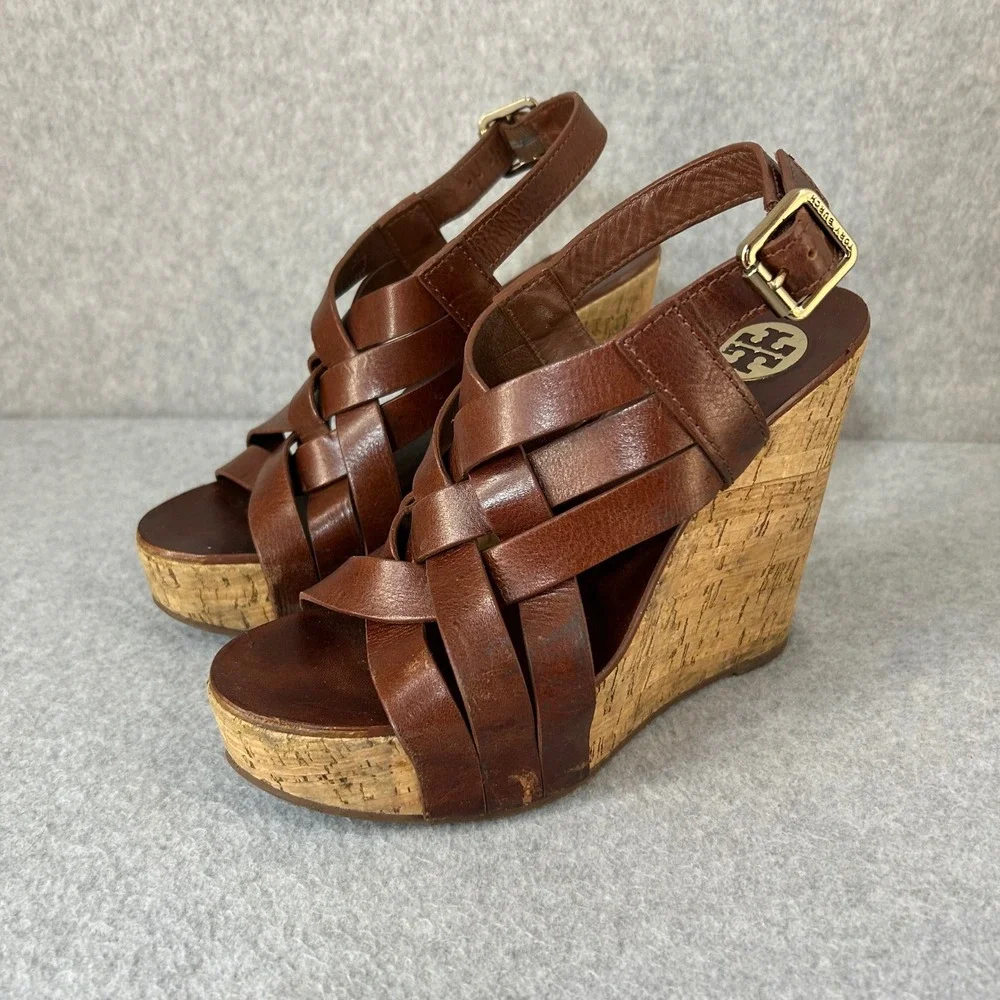 Tory Burch Ace Wedge Heels Brown Sienna Leather Strappy Cork Sandals Size‎ 7 M